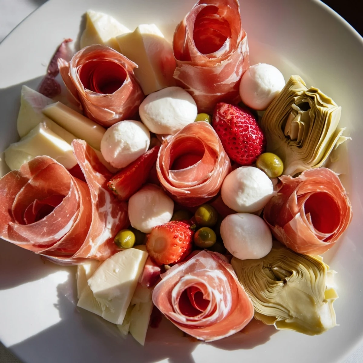 A close-up of a Prosciutto Rose Bouquet Board with colorful fruits, cheeses, and inviting charcuterie.