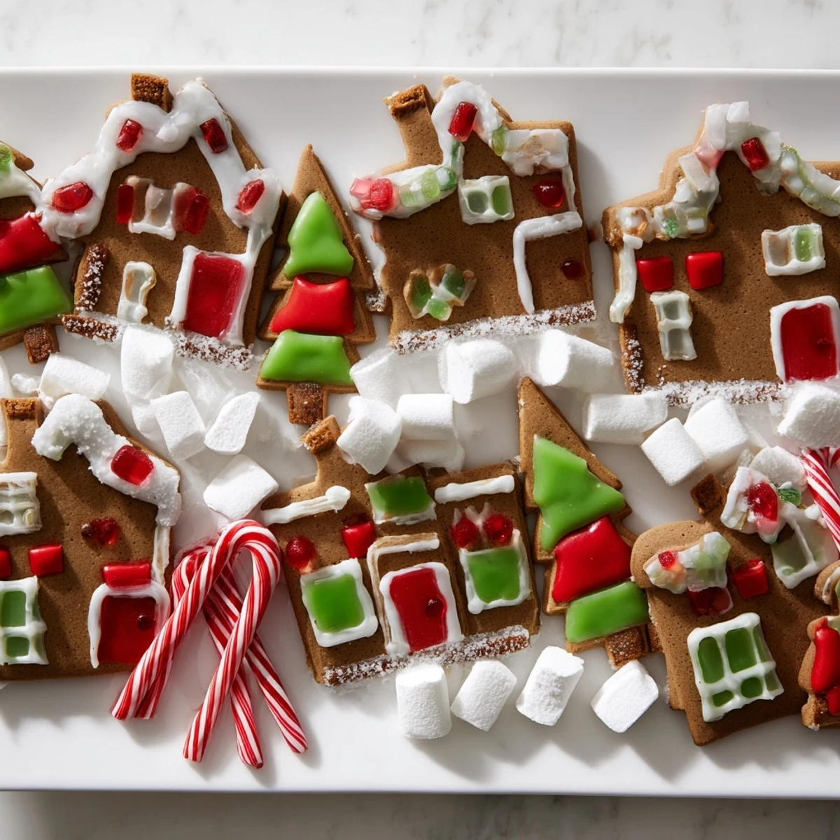 Festive Sweet Board: Gingerbread Village dessert with colorful candy and gingerbread house cookies.