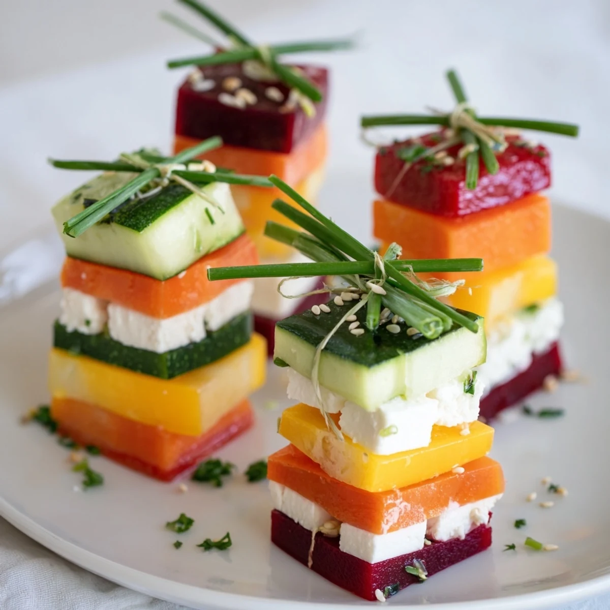 Beautifully arranged Stacked Gift Box Veggie Cubes featuring vibrant bell peppers and fresh chives for a party.