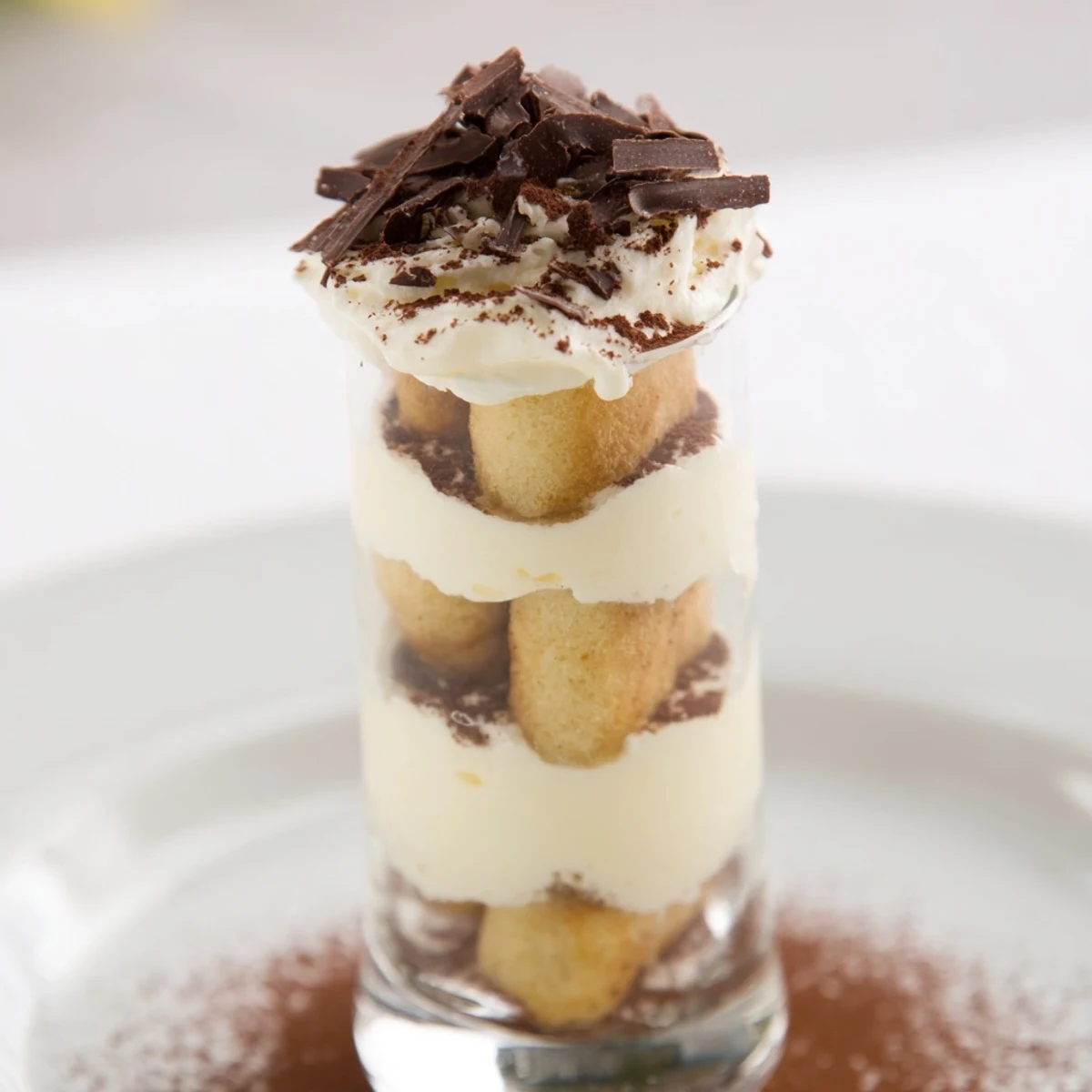 Countdown Tiramisu Shots in clear shot glasses, layered with creamy mascarpone and cocoa dusting.