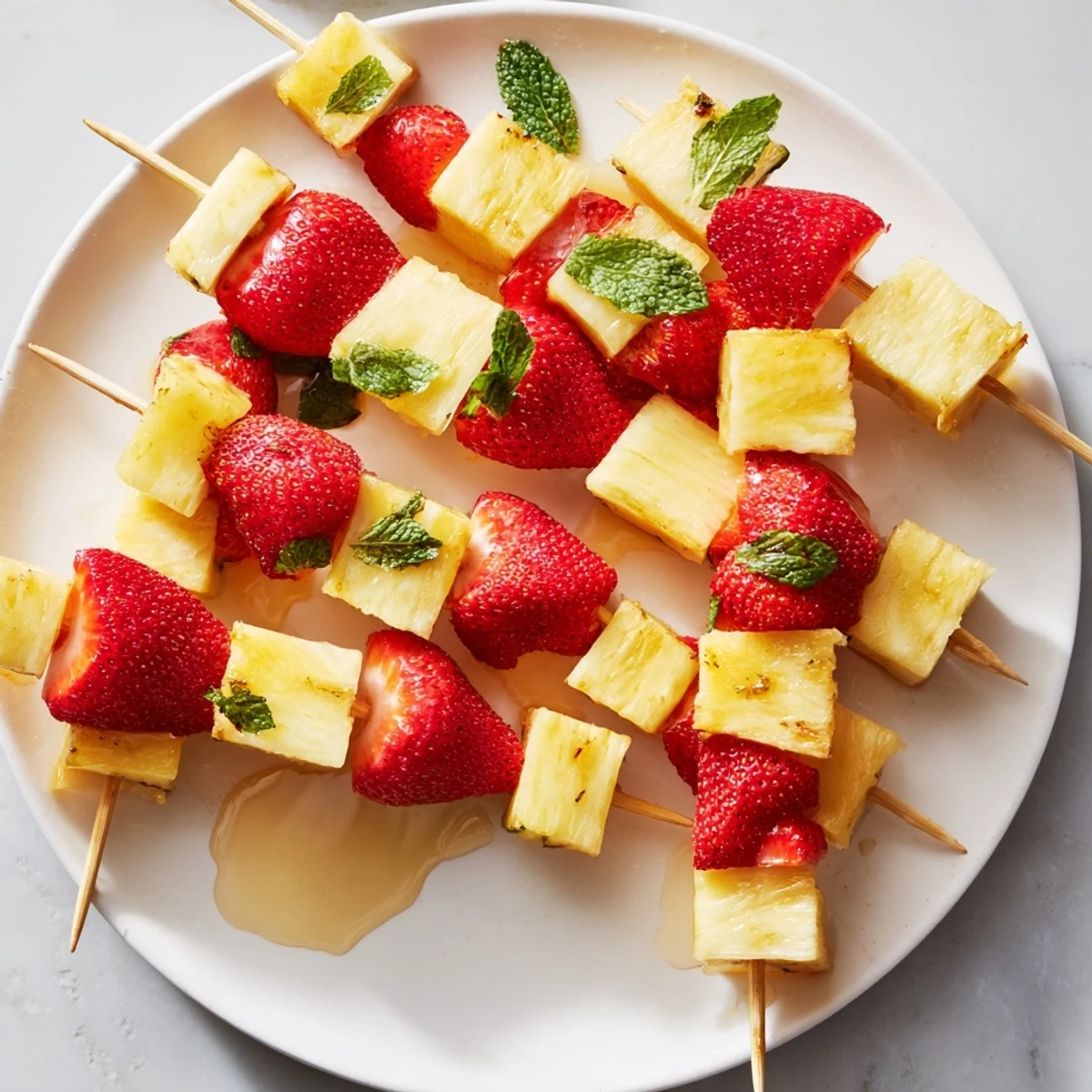Fresh fruit skewers featuring bright red strawberries and juicy, golden pineapple ready to eat.