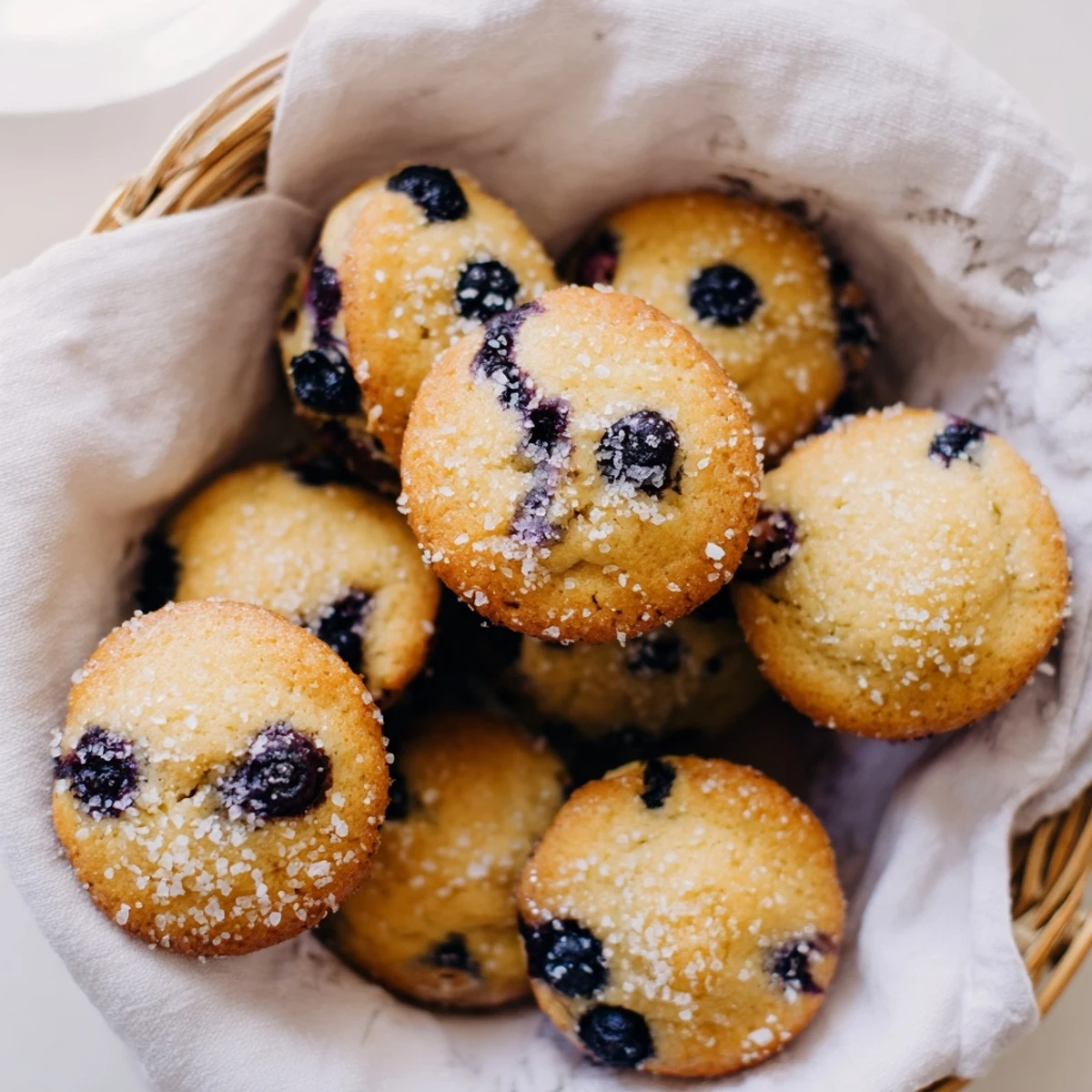 Fluffy mini blueberry muffins in a basket, perfect for a delightful brunch spread, fresh from the oven.