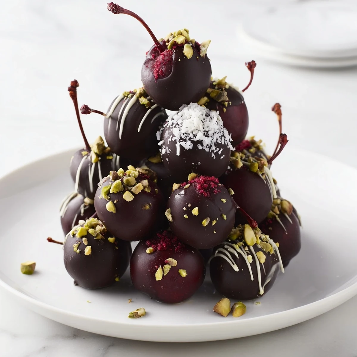 A delectable pyramid of rich chocolate-covered cherry dessert bites, ready to enjoy.