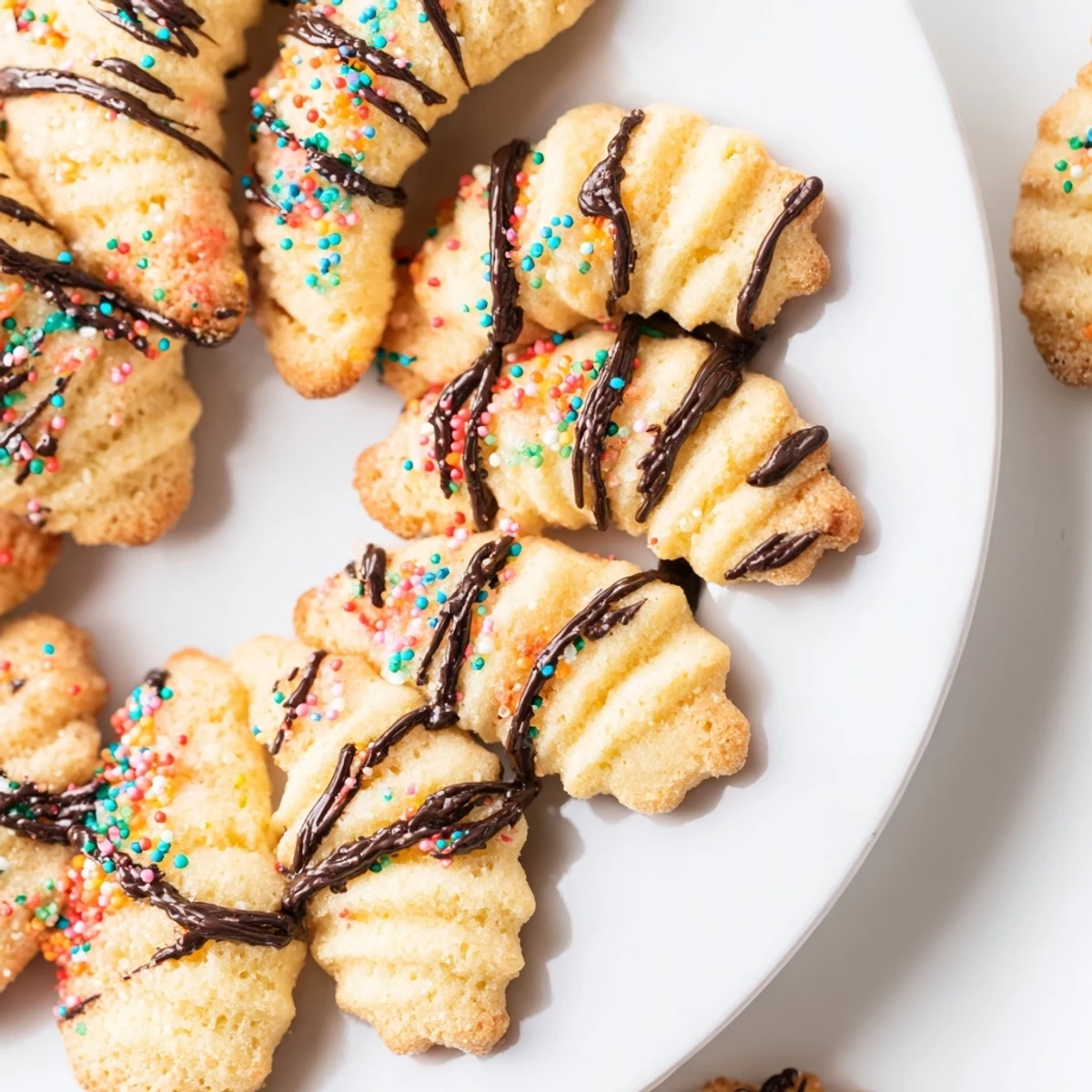Golden, buttery spritz cookies, freshly baked and sprinkled with colorful sugar, are ideal for dessert.