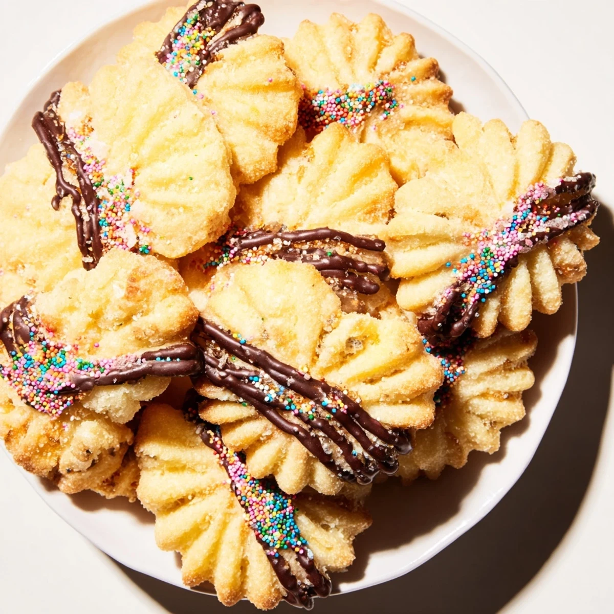 Beautifully arranged spritz cookies layered in fan shapes, ready for a festive holiday cookie tray.