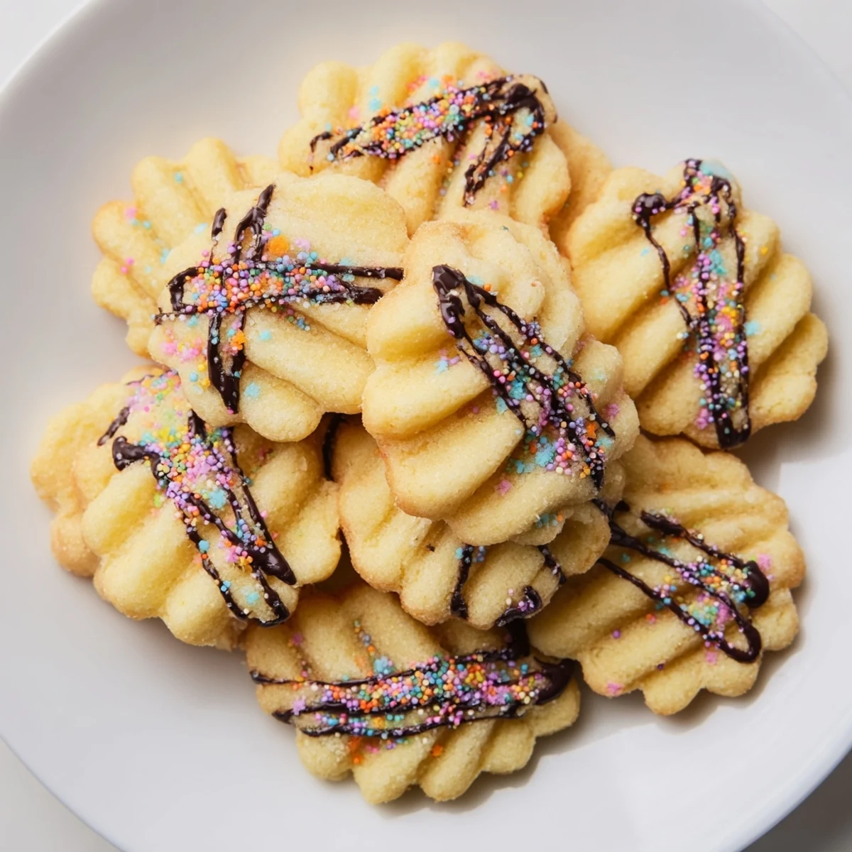 A plate of homemade spritz cookies, intricately shaped by a cookie press, offers holiday cheer.