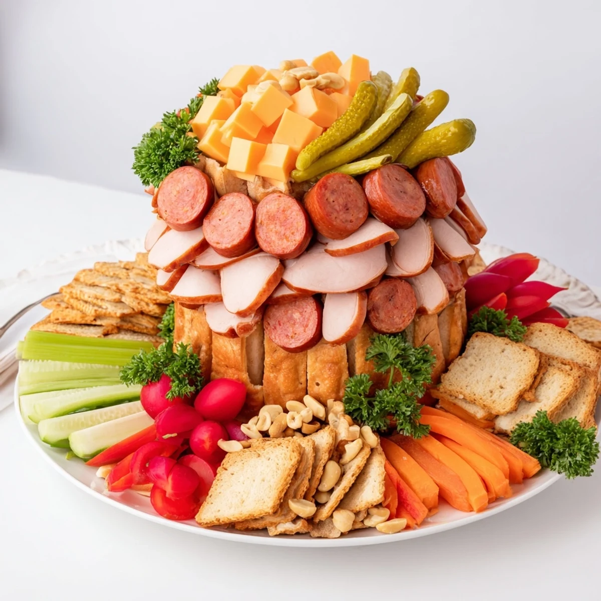 A loaded Tailgate Party Power Stack platter with savory meats, cheeses, and colorful vegetable garnishes.