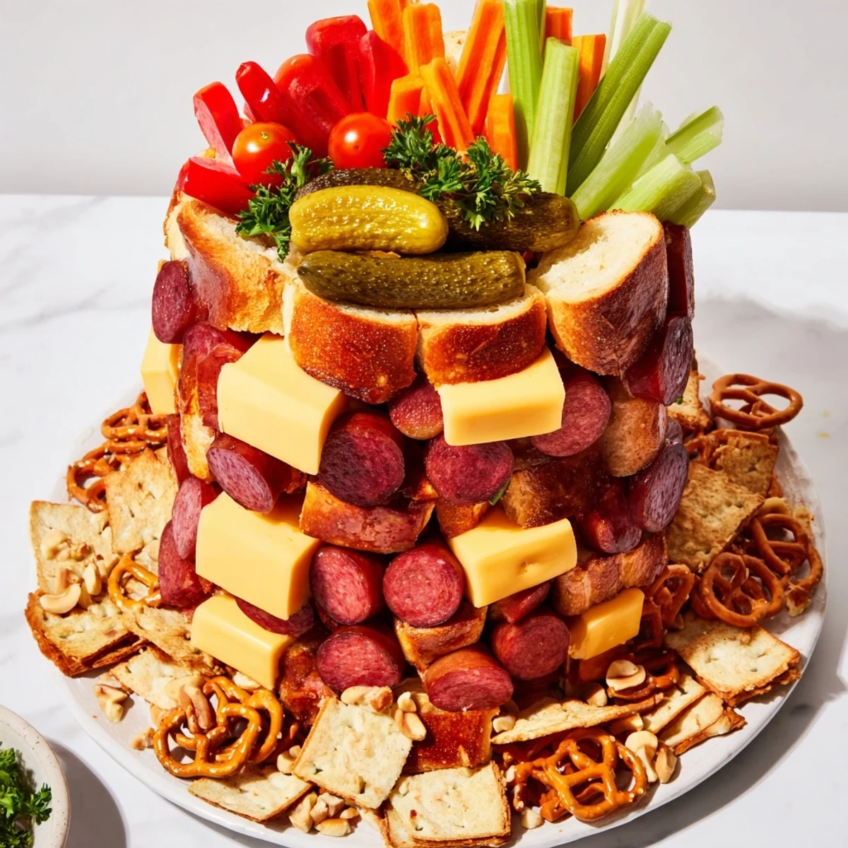Easy-to-grab components of a Tailgate Party Power Stack appetizer, perfect for a game day spread.