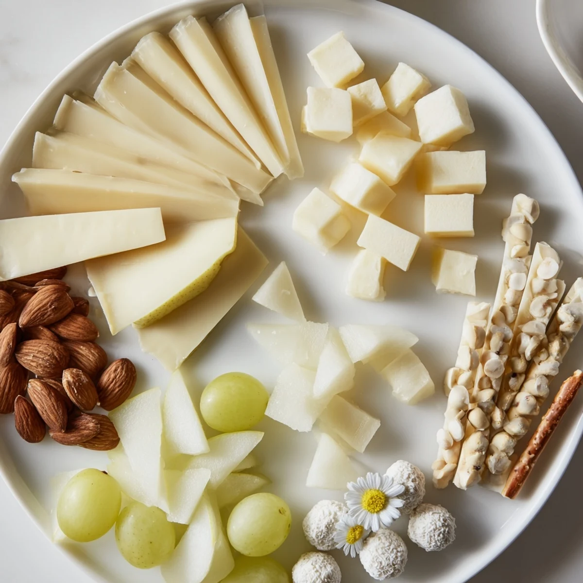 This Bridal Shower Bubbly Board shows a delicious spread of cheeses and fruits with champagne flutes nearby.