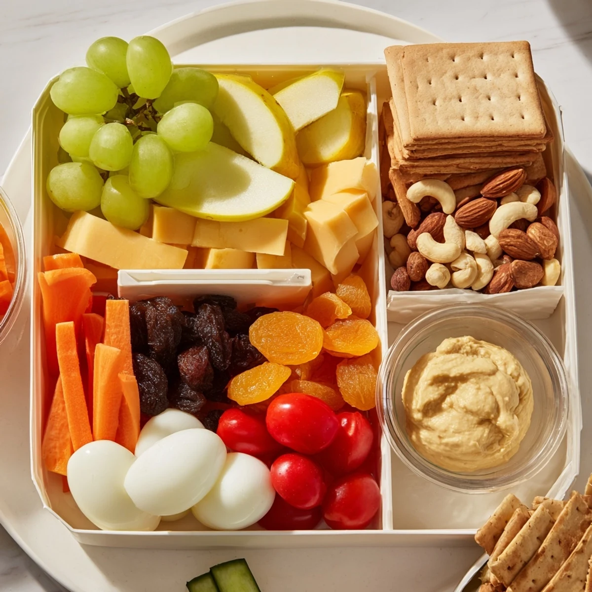 Road Trip Snack Box: A colorful, well-packed snack box overflowing with fresh fruits, cheese, and crackers.