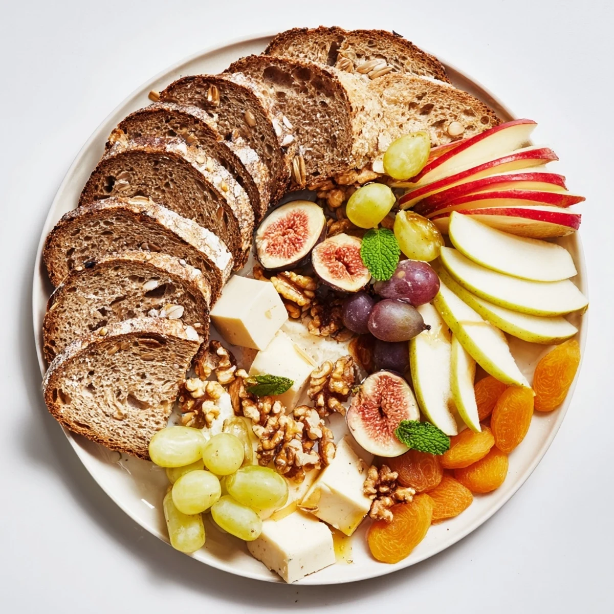 Fresh, colorful image of The Harvest Scythe, a beautiful bread and fruit platter ready to enjoy.
