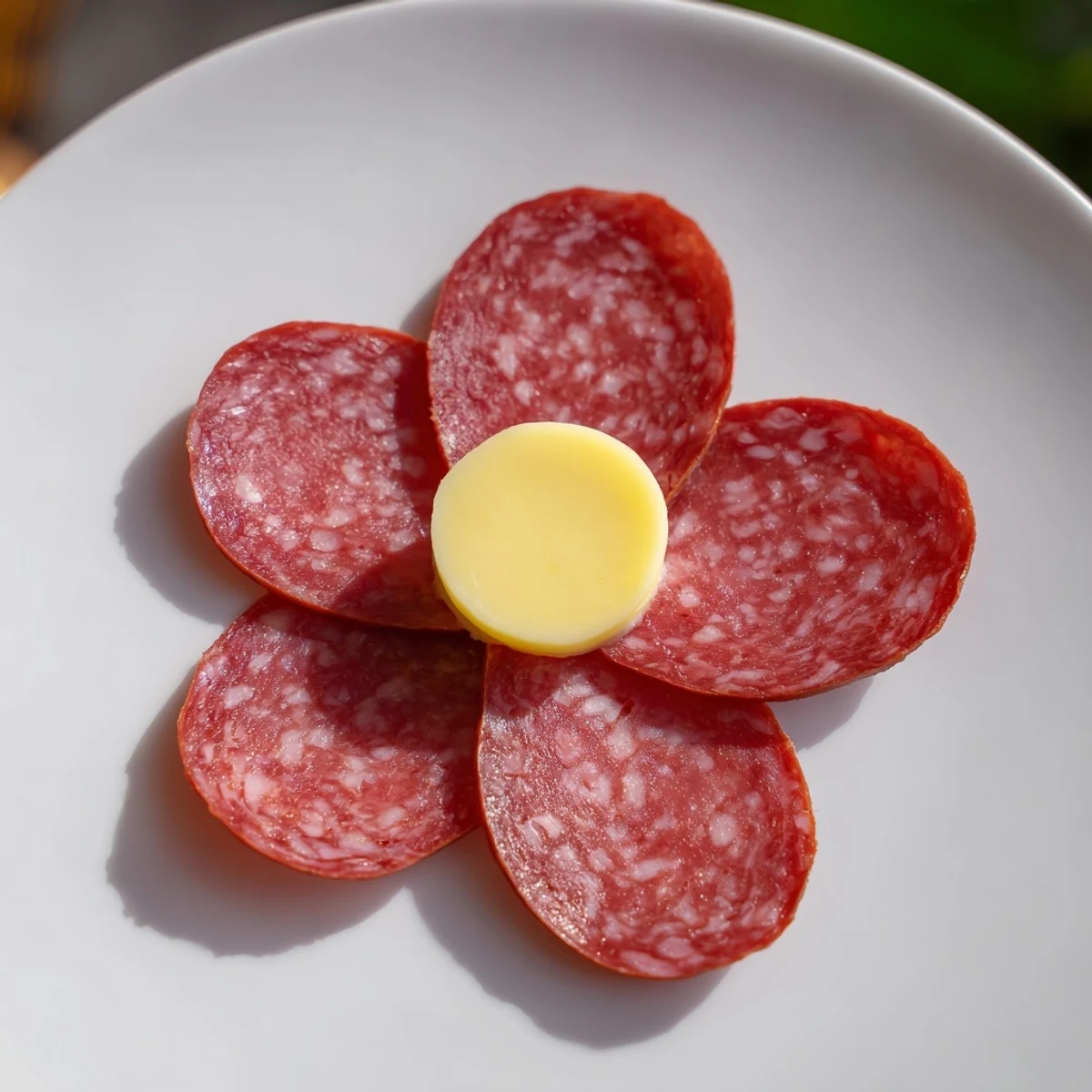 Beautiful salami petals form a stunning Tudor Rose appetizer, crowned with yellow cheese.