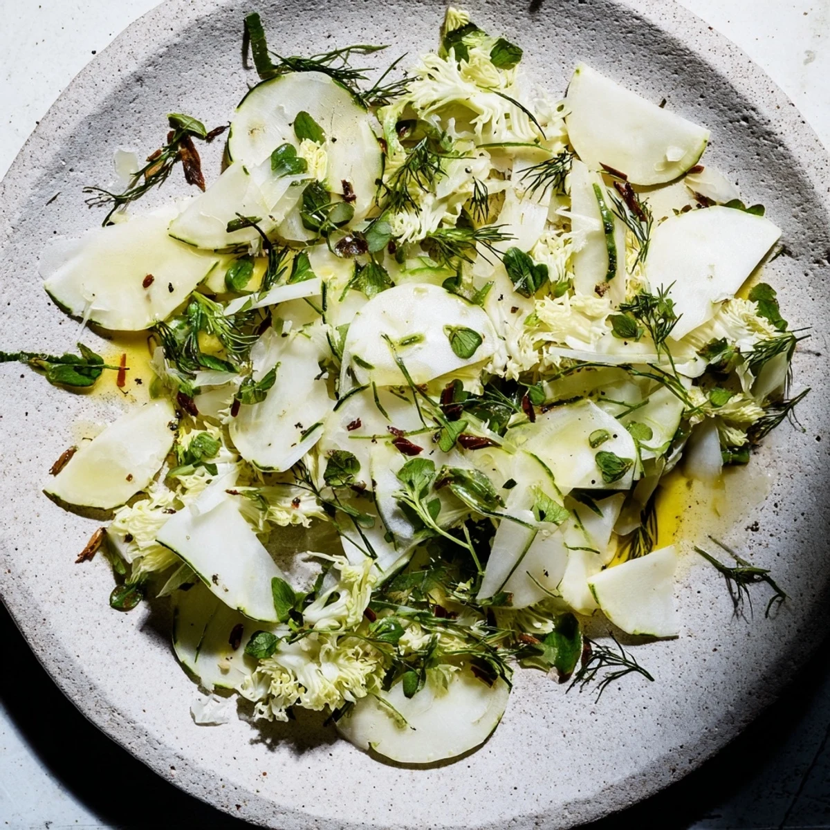 The Tundra Trek salad, a minimalist appetizer with crisp vegetables on a chilled stone serving.