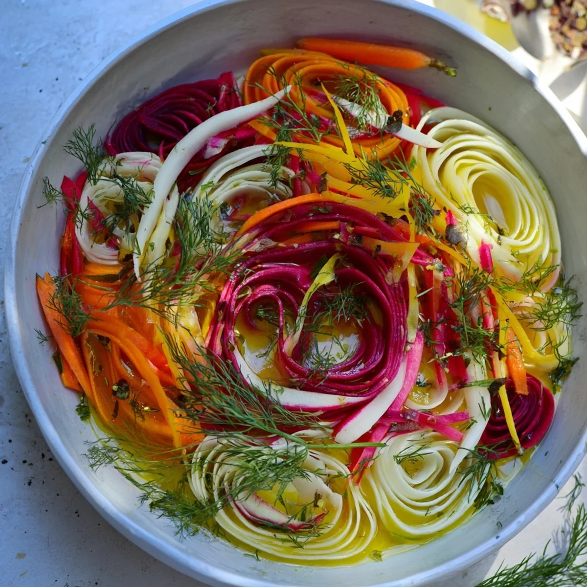 Drizzled dressing over a stunning "Spinning Top" salad, a light and refreshing vegetarian appetizer.