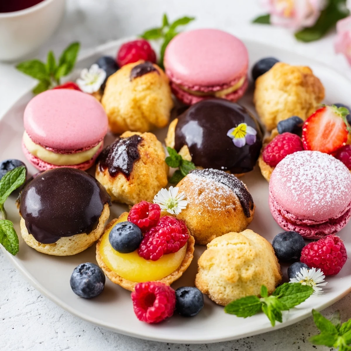 A beautifully arranged Montgolfière Dessert Platter with miniature French pastries and fresh berries.
