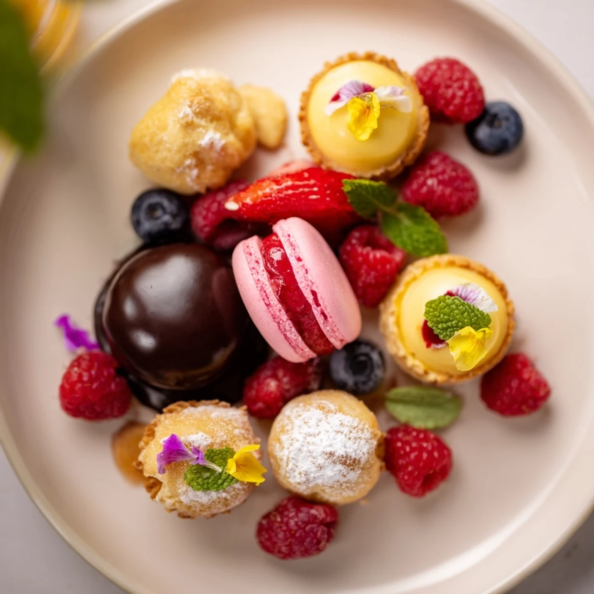 This photo shows a delicate Montgolfière Dessert Platter, featuring colorful macarons and tartlets on display.