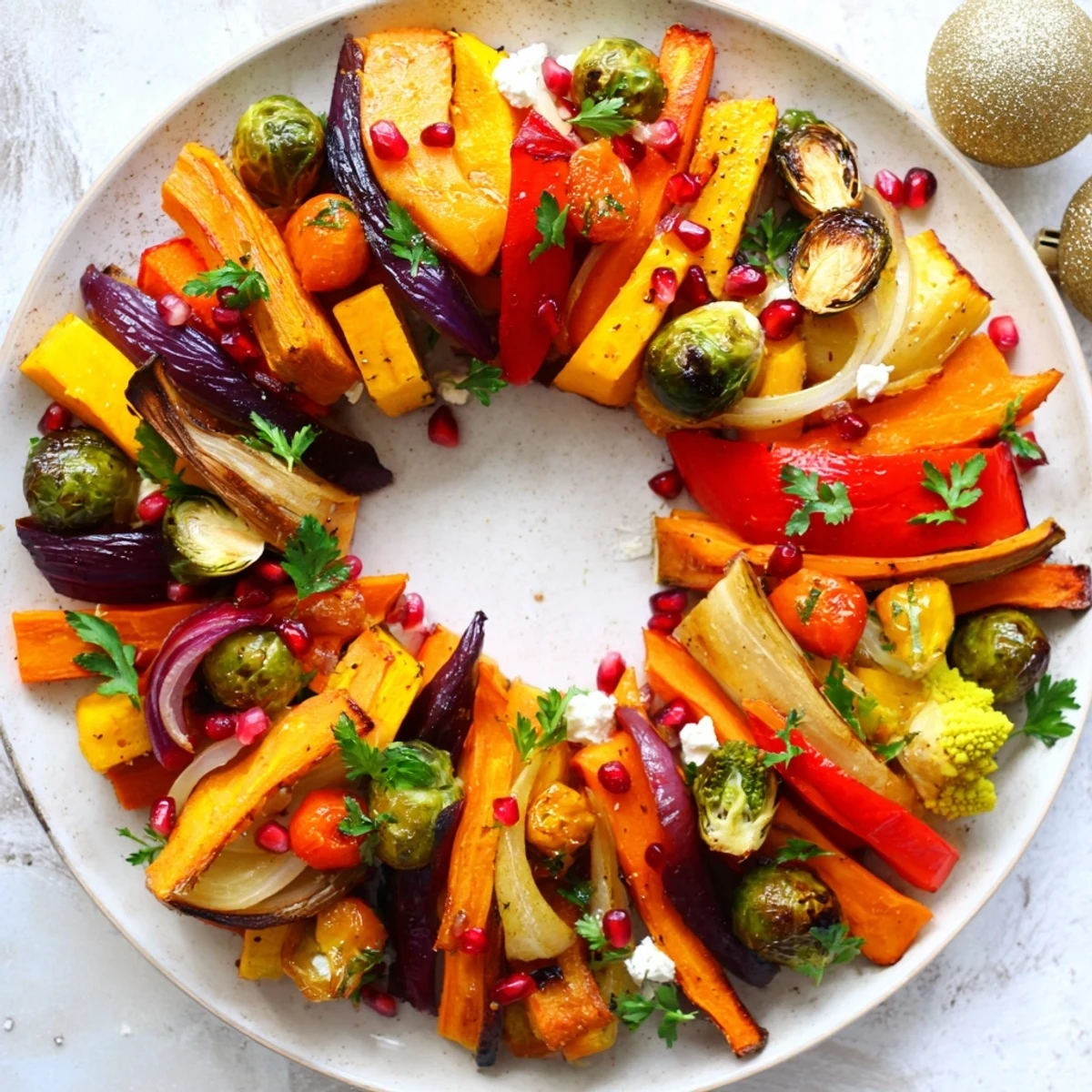 Crisp, caramelized, festive vegetable Christmas wreath showcasing colorful roasted vegetables for a holiday main.