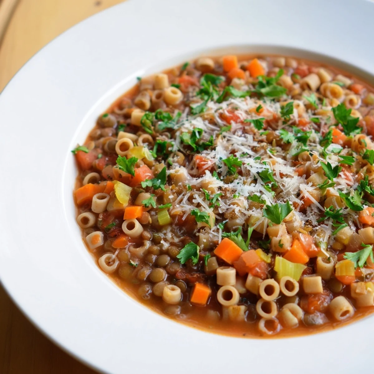A close-up view of creamy Ditalini and Lentil Soup, perfectly seasoned and ready to enjoy.
