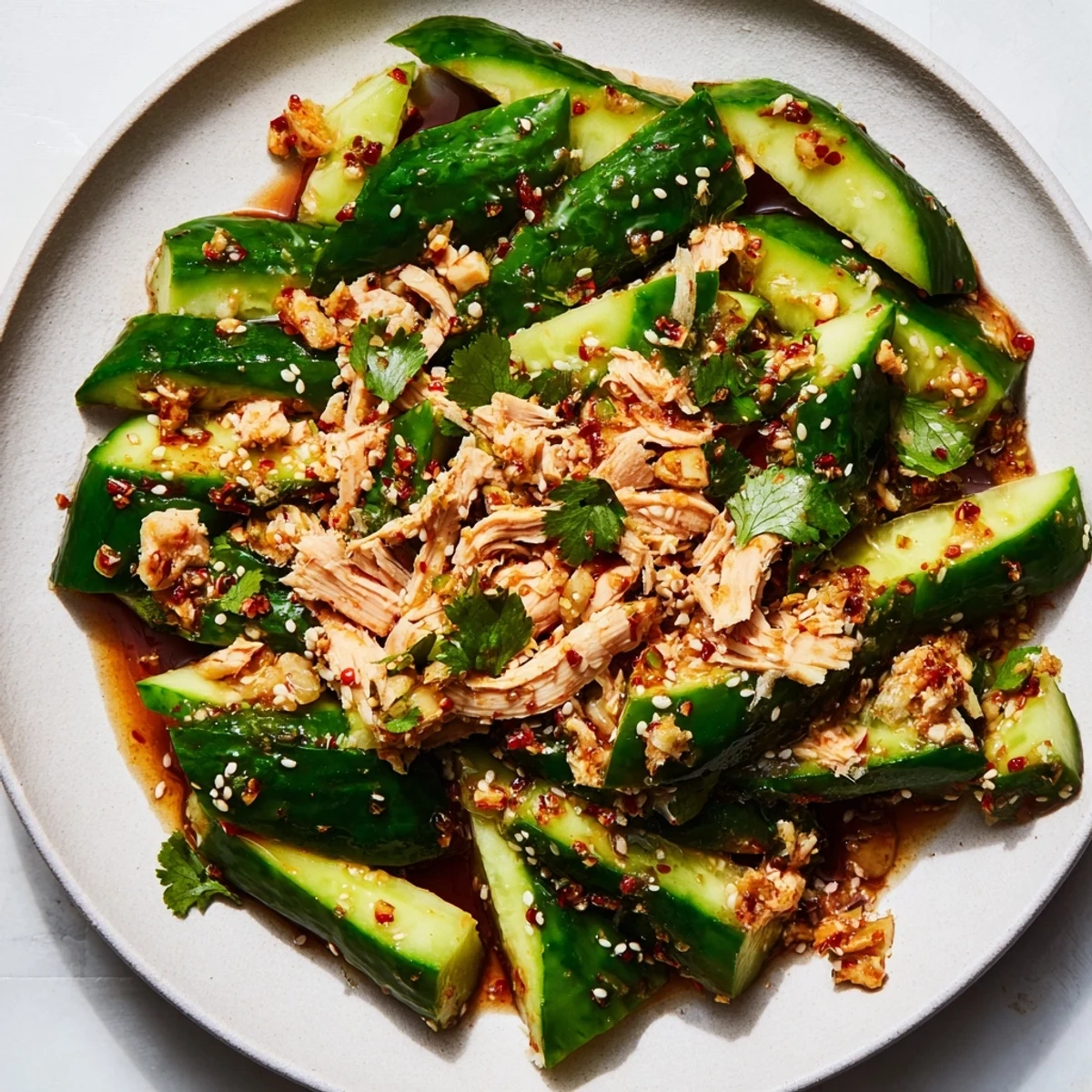 A vibrant Whole Logan Cucumber Salad, served cold with chicken and spicy, flavorful dressing.