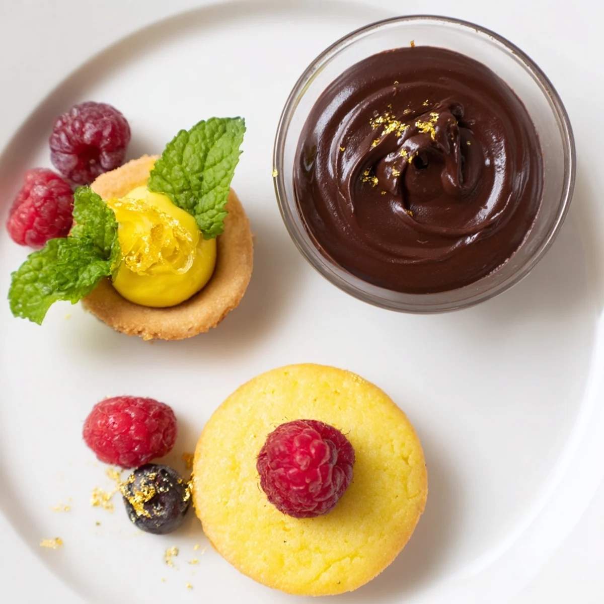 Elegant Assiette de Desserts Starry Delight showcasing creamy chocolate mousse beside tart lemon tartlets.