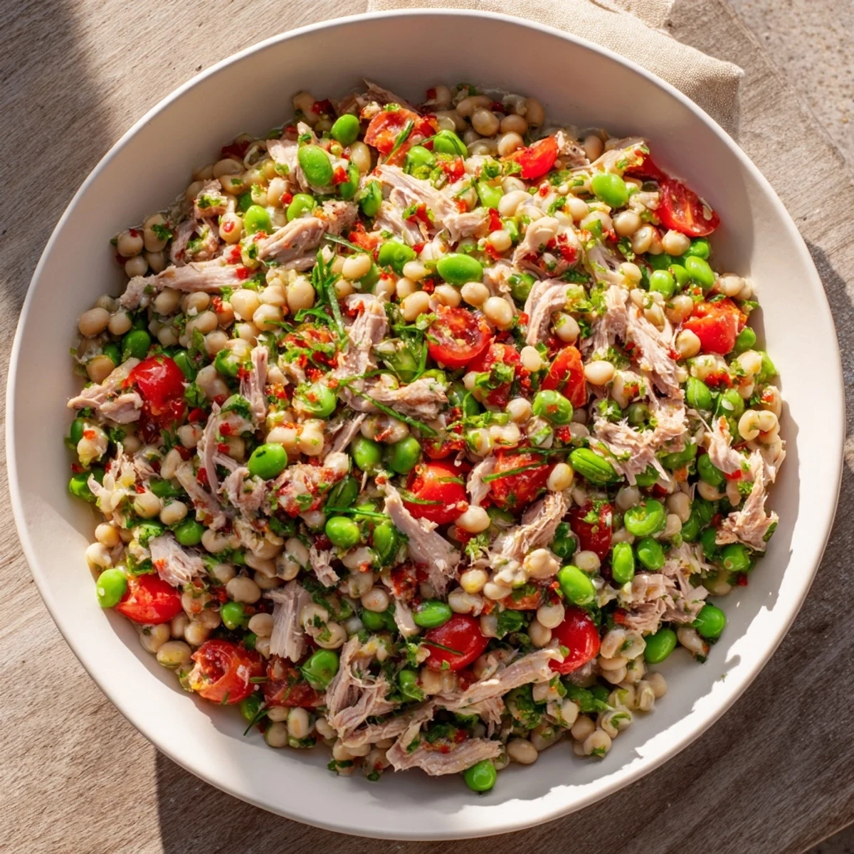Flaky tuna and chunky chickpeas combined in a vibrant Dense Chickpea and Tuna Salad, ready to enjoy.