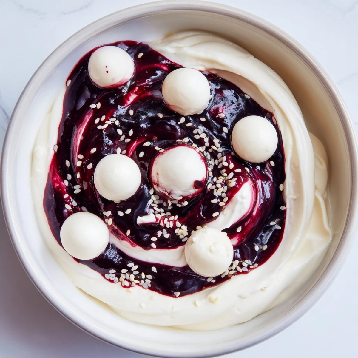 The Galaxy Spiral dessert features swirled berry jam on creamy yogurt, sprinkled with sesame stars.