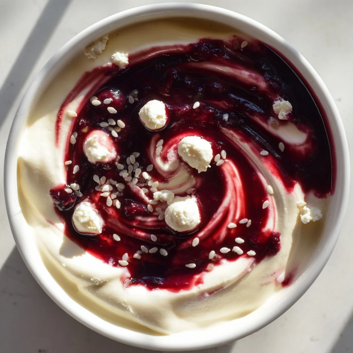 Enjoy a spoonful of The Galaxy Spiral: Smooth yogurt, dark jam spirals, and starry sesame seed accents.