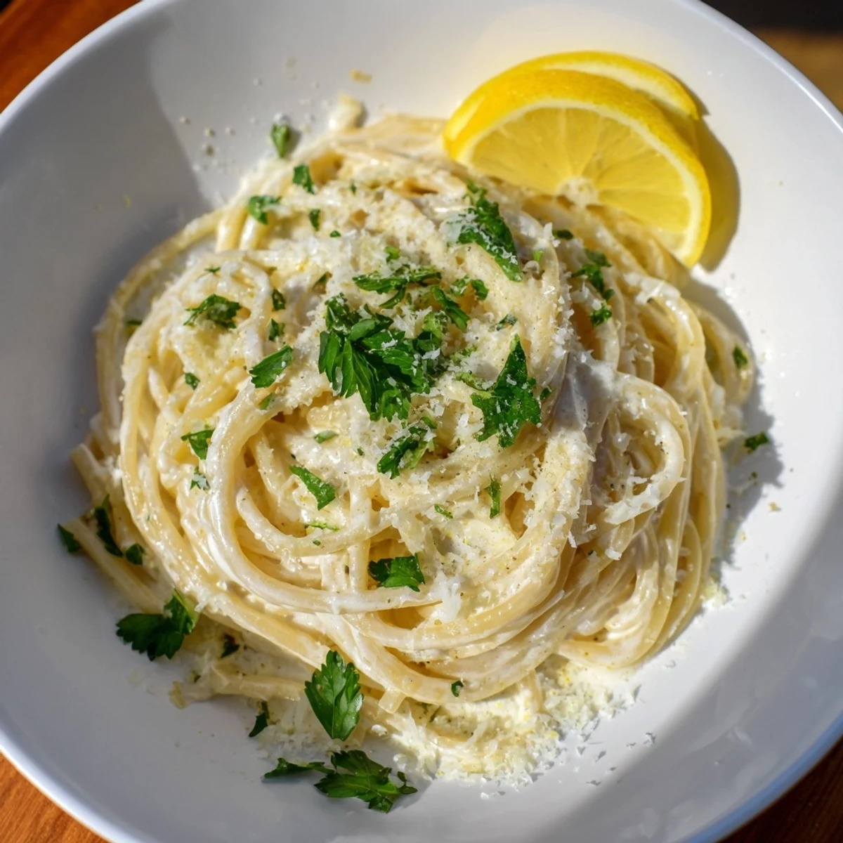 A vibrant bowl of Lemon-Garlic Greek Yogurt Pasta with a glistening, yogurt-based sauce, ready to serve.