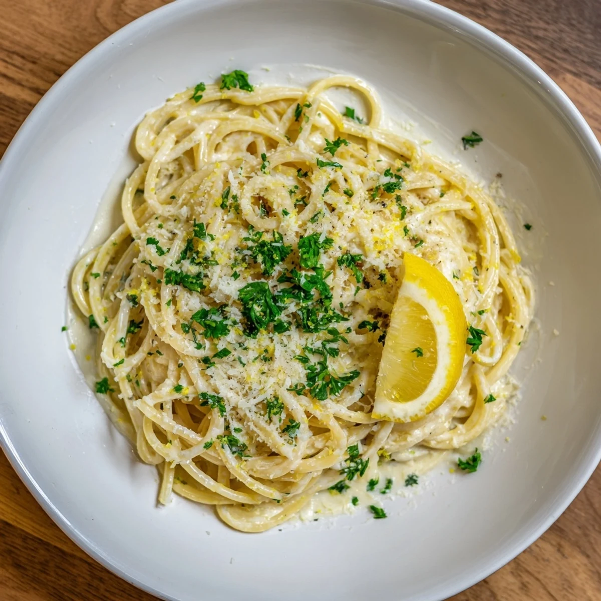 Creamy Lemon-Garlic Greek Yogurt Pasta, ready to eat, with fresh parsley garnish sprinkled on top.