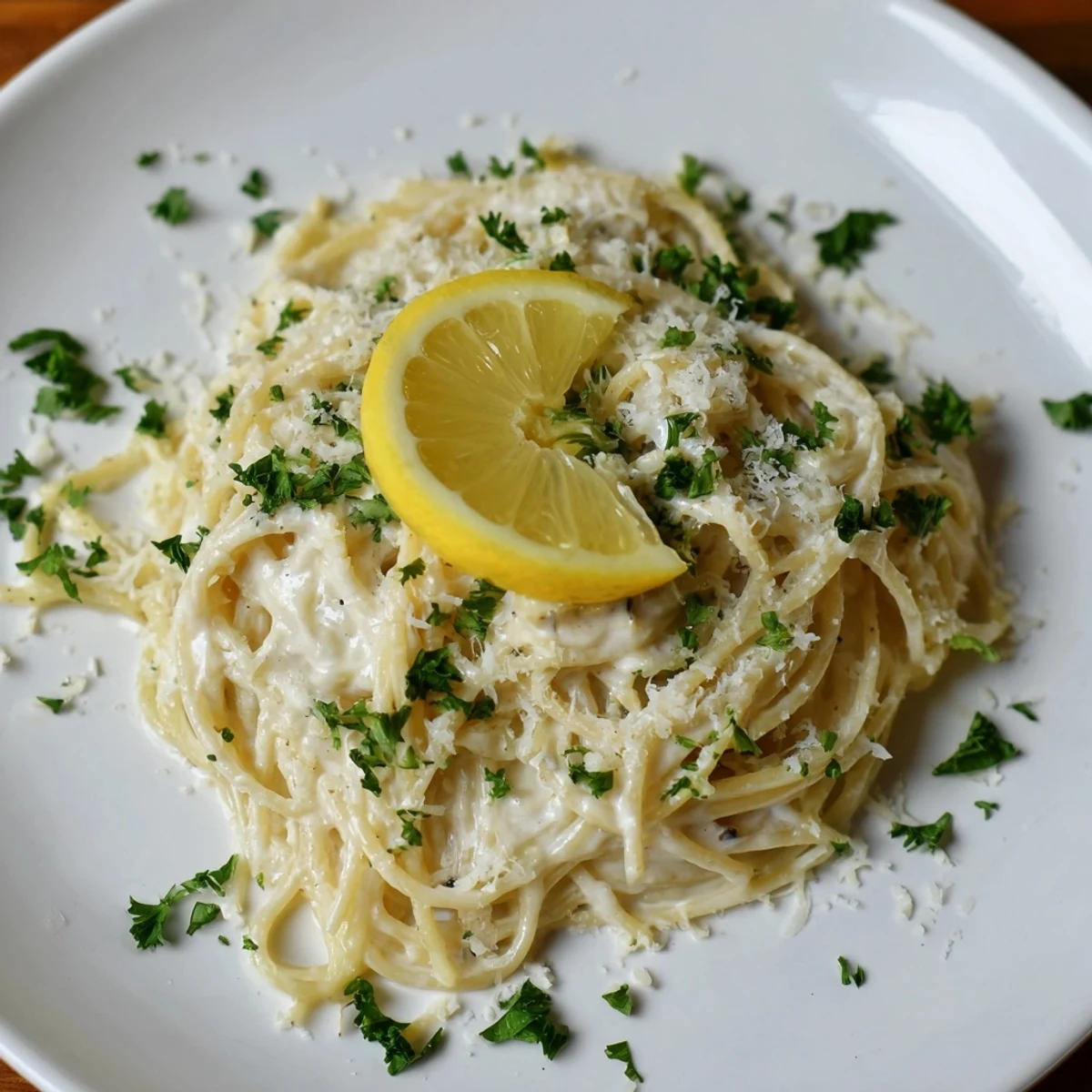 Tempting serving of delicate Lemon-Garlic Greek Yogurt Pasta, with zesty lemon slices suggesting a fresh bite.