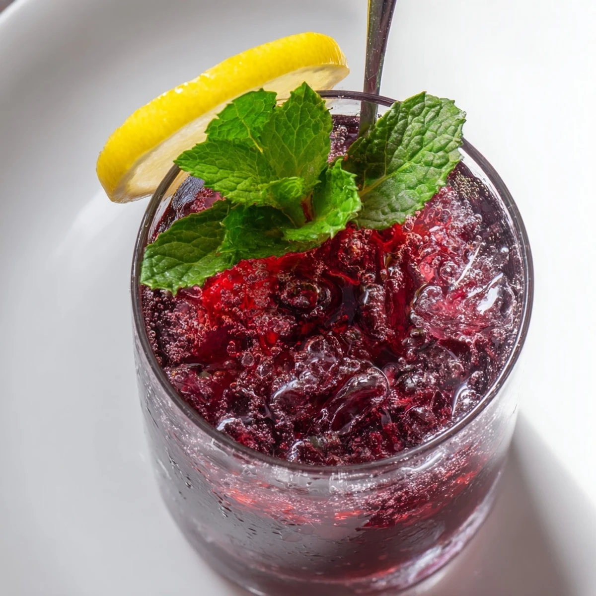 Refreshing Sleepy Girl Cherry Mocktail, garnished with mint and lemon, a soothing evening beverage.
