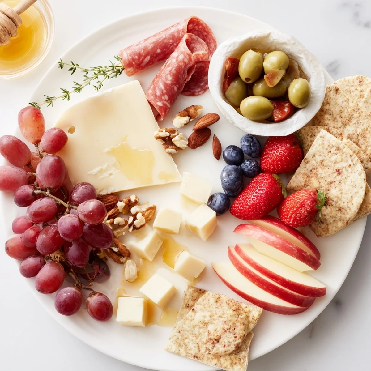 Quick Charcuterie Snack Board, vibrant with cheeses, meats, and fruits, perfect for easy entertaining.