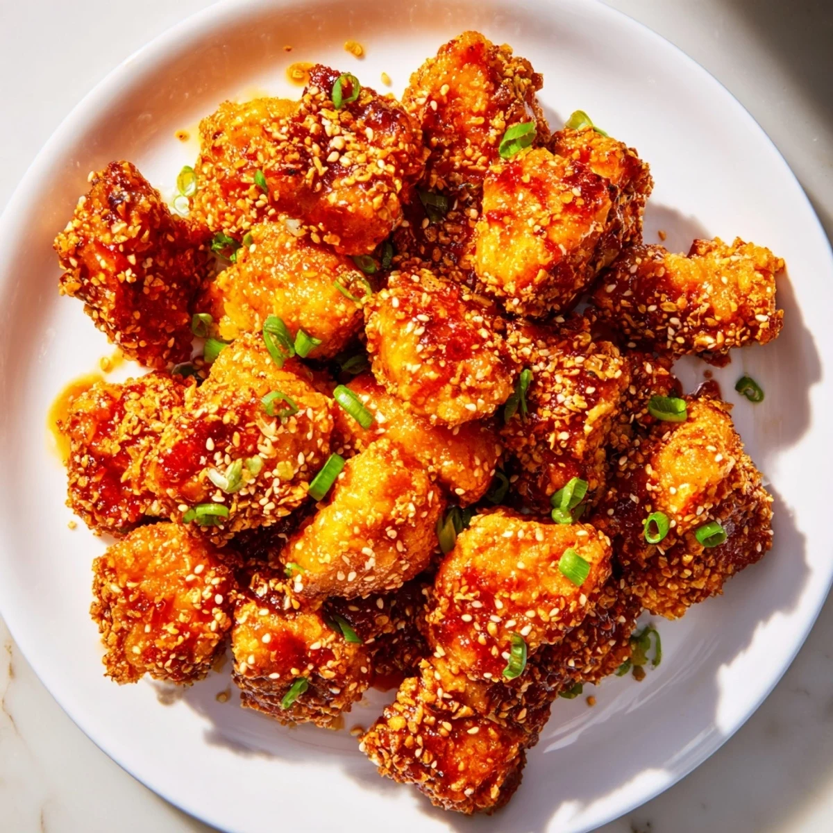 Golden-brown Honey-Sriracha chicken bites, glistening with a spicy-sweet sauce, ready to serve.