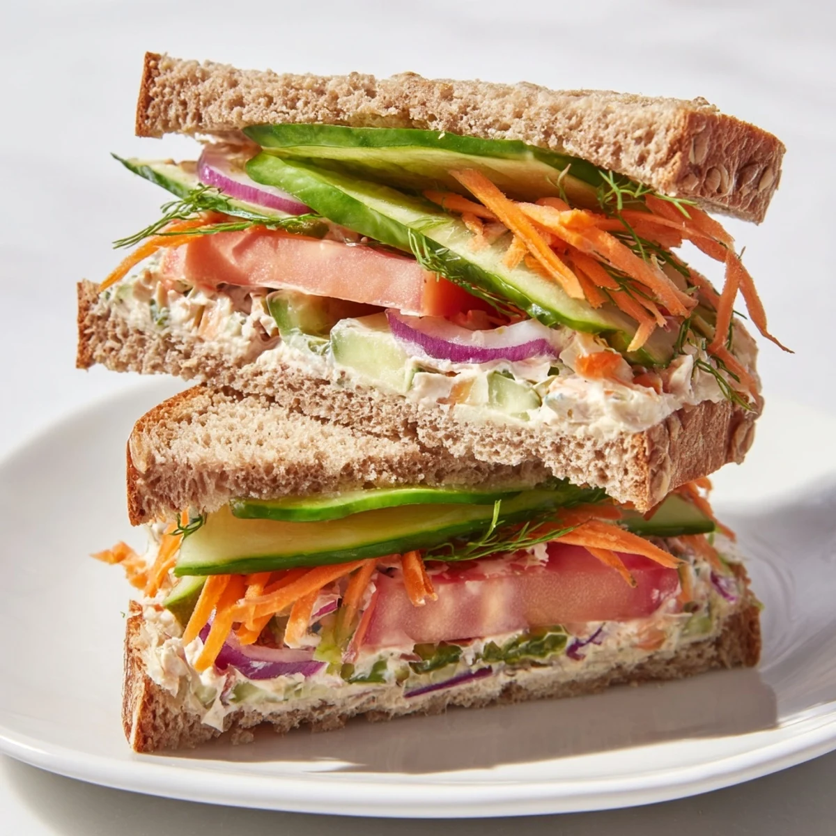 Close-up of a vibrant Crunchy Dill Pickle Sandwich, with crunchy pickles spilling out for a satisfying bite!