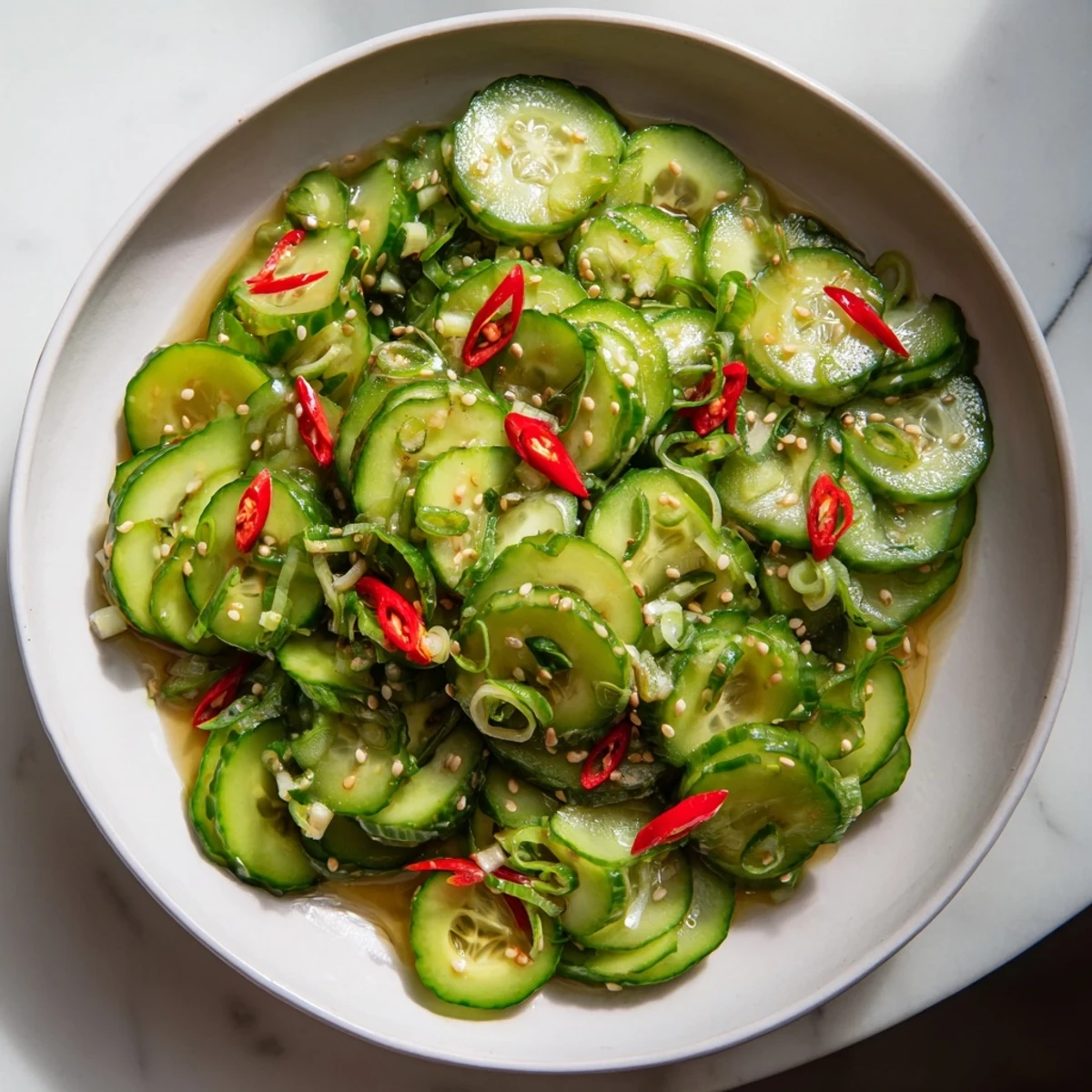 Vibrant Tangy Shaken Asian-Style Cucumber Salad with glistening cucumbers, ready in minutes.