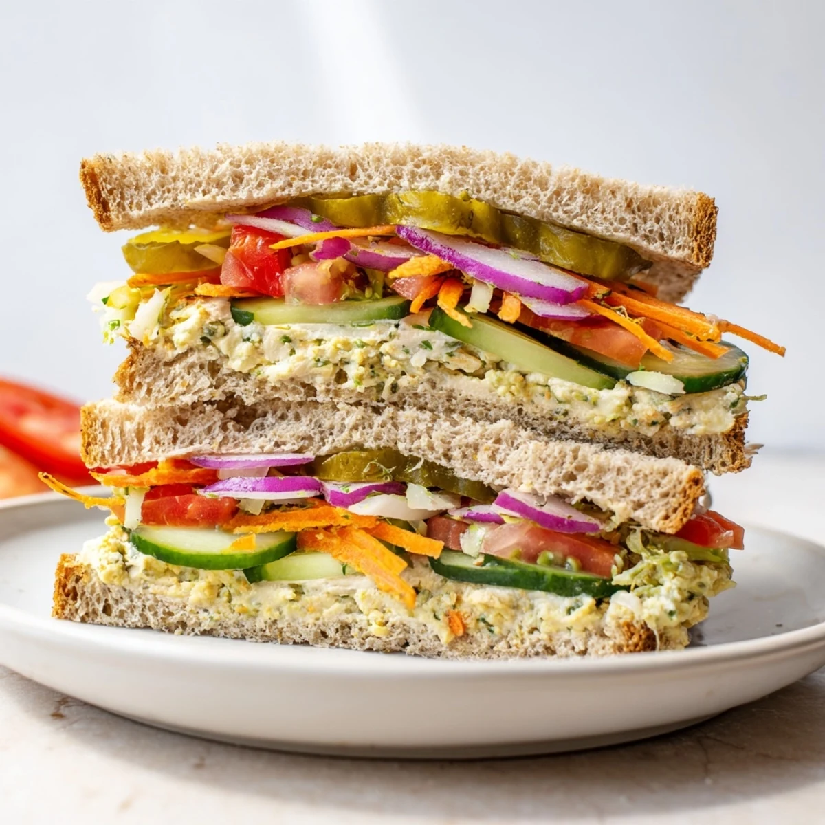 Close-up of a vibrant Crunchy Dill Pickle Sandwich, with crunchy pickles spilling out for a satisfying bite!