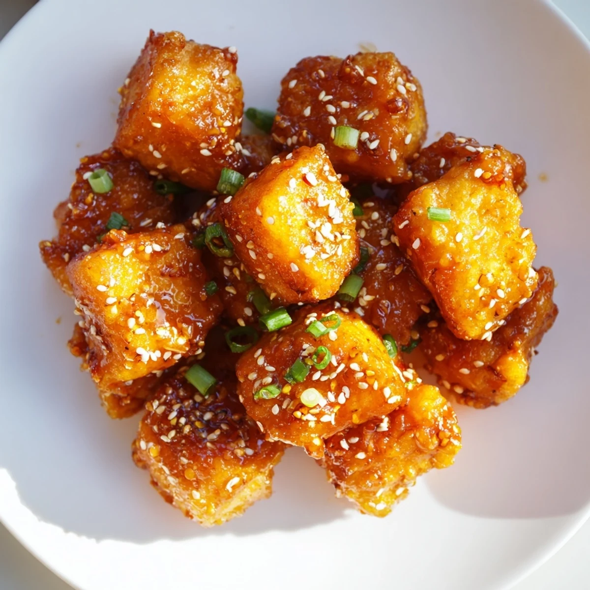 Golden-brown Honey-Sriracha chicken bites, glistening with a spicy-sweet sauce, ready to serve.