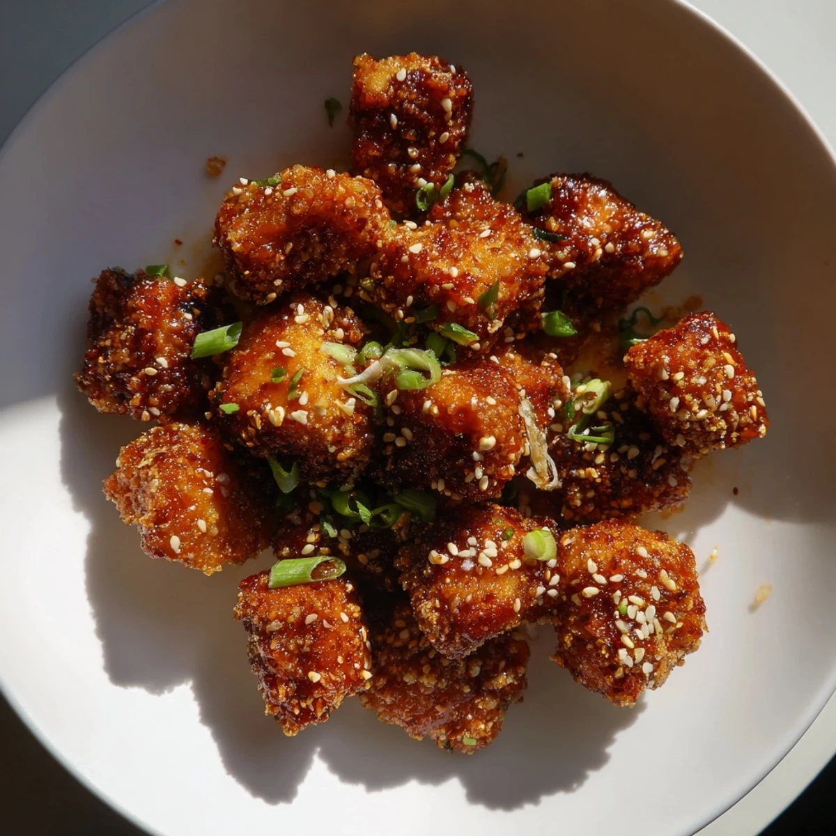 Image of flavorful Honey-Sriracha chicken bites, coated and fried with sesame seeds on top.