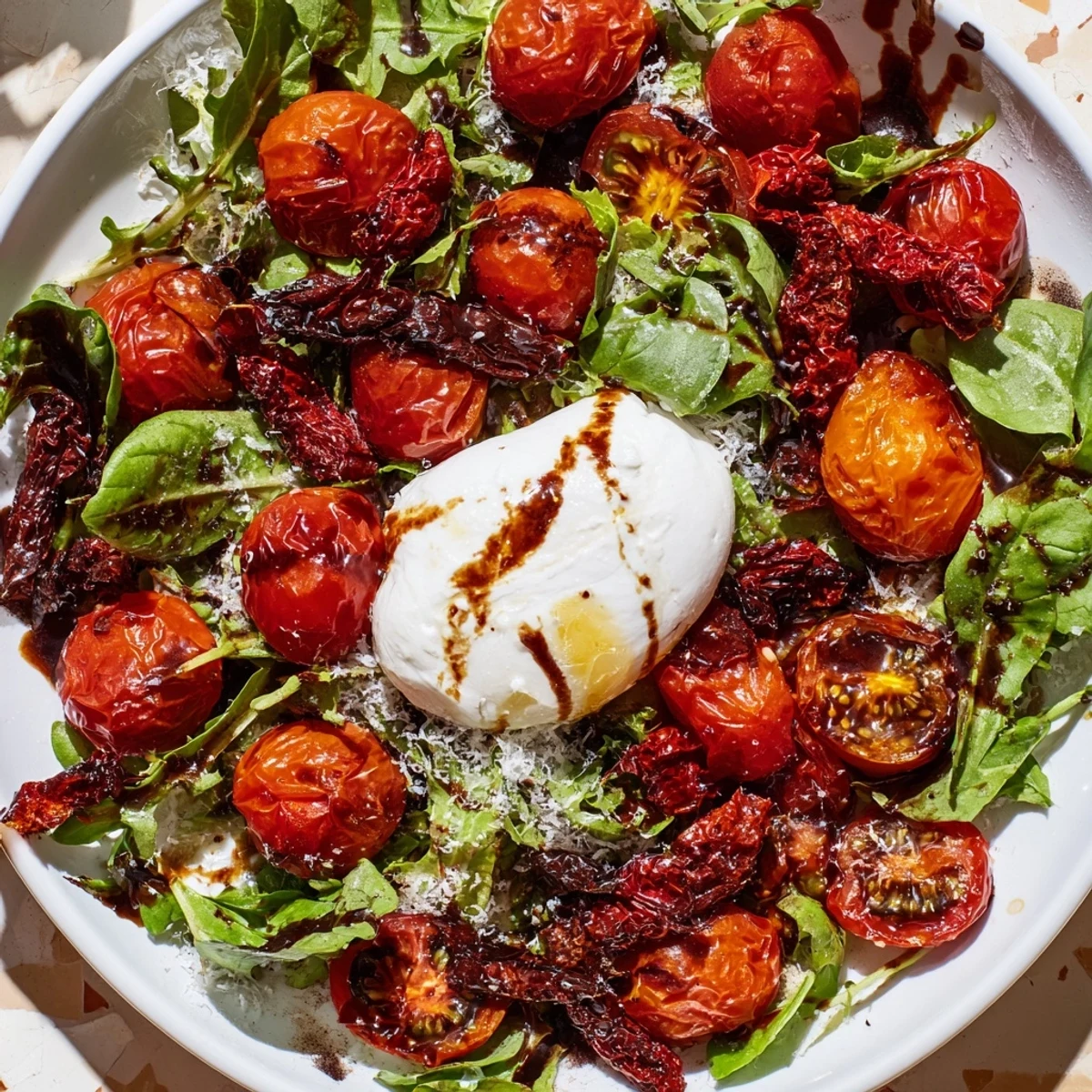 Enjoy a delicious Tomato Flight Salad with fresh, sun-dried, and roasted tomatoes; flavorful and beautiful.