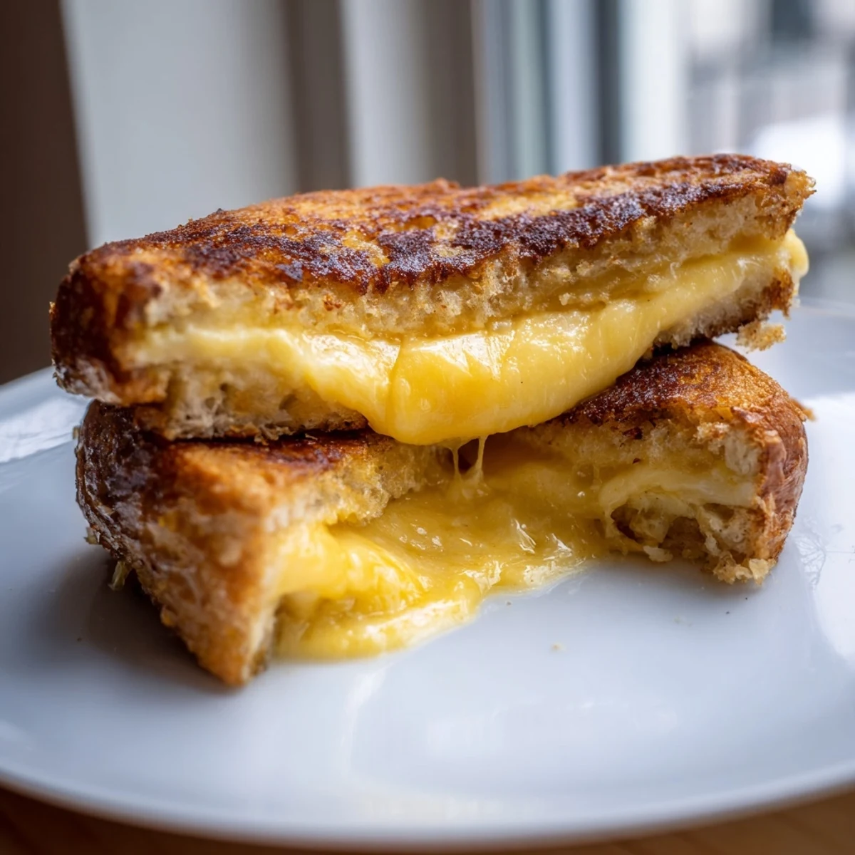 Crispy, golden-seared Custard French Toast Grilled Cheese, ready to be sliced and spectacularly served.