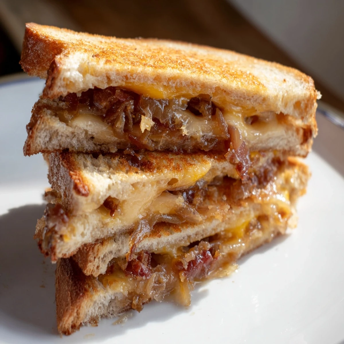 A hearty, savory Bacon Jam Grilled Cheese, served with a side of apple cider for dipping.