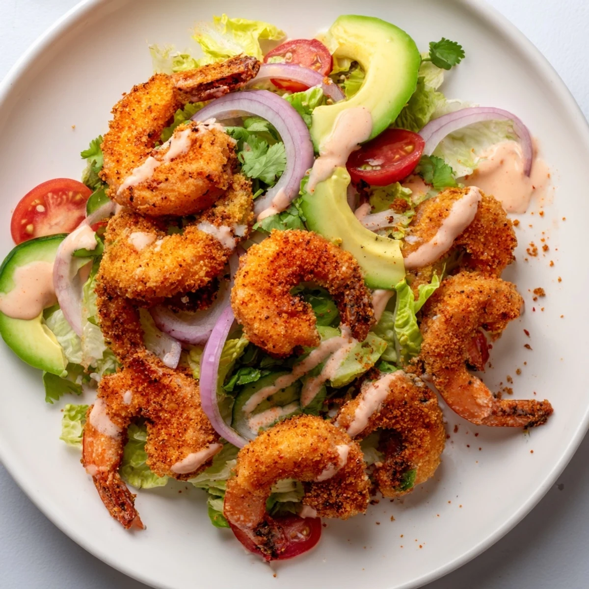Golden, crispy Spicy Crispy Shrimp Salad with vibrant greens and creamy avocado, ready to serve.
