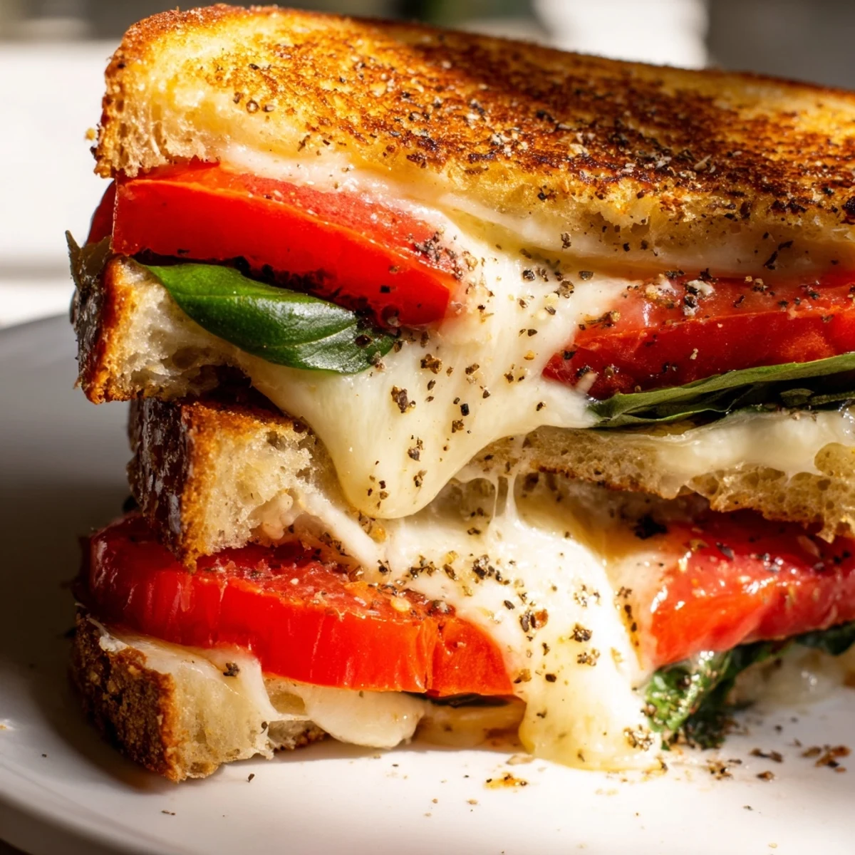 Golden brown tomato basil grilled cheese, oozing melted mozzarella and fresh tomato slices.