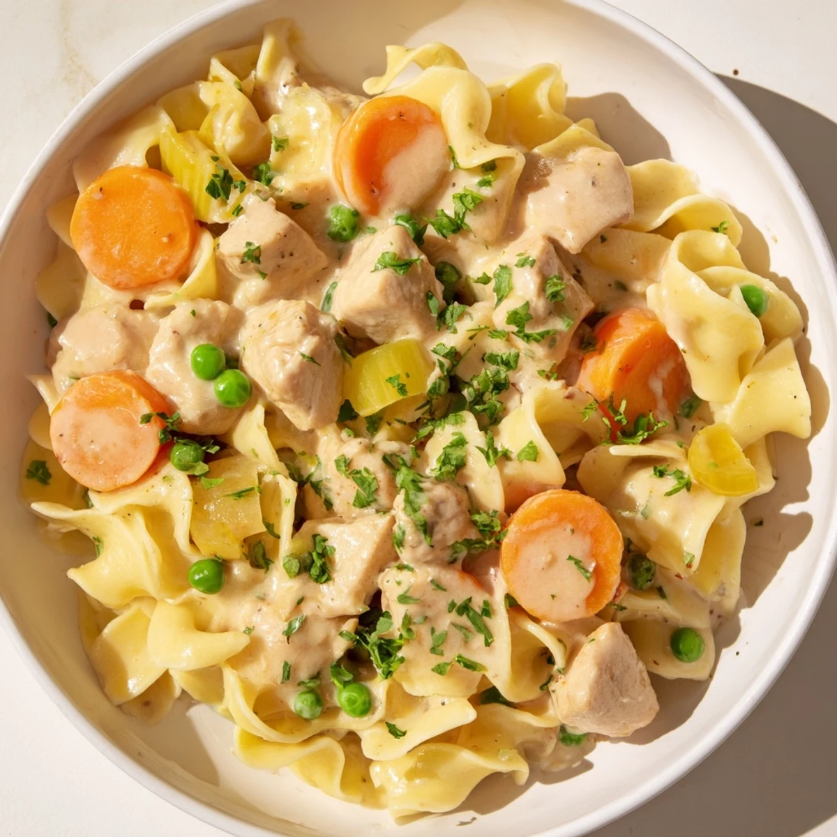 Close-up of golden egg noodles coated in creamy sauce with tender chicken; a comforting chicken and egg noodles dish.