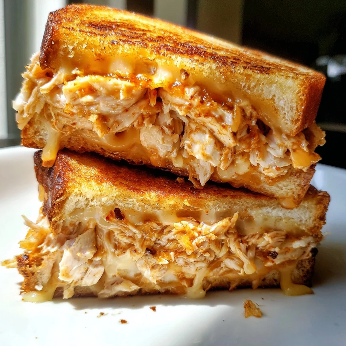 Buttery, toasted bread filled with savory Chili Crisp Honey Chicken Grilled Cheese; a comforting meal.
