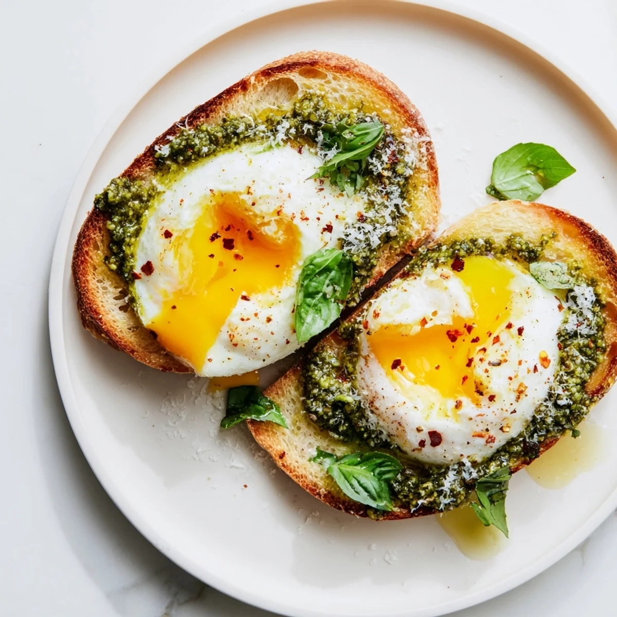 Golden pesto egg toast topped with jammy eggs with fresh basil and Parmesan, ready to enjoy.