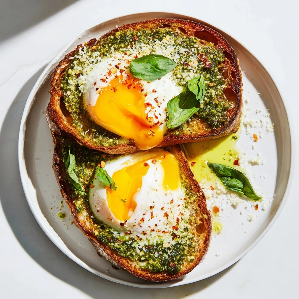 Fragrant basil pesto spreads under perfectly cooked eggs atop toasted bread, a delicious pesto egg toast.
