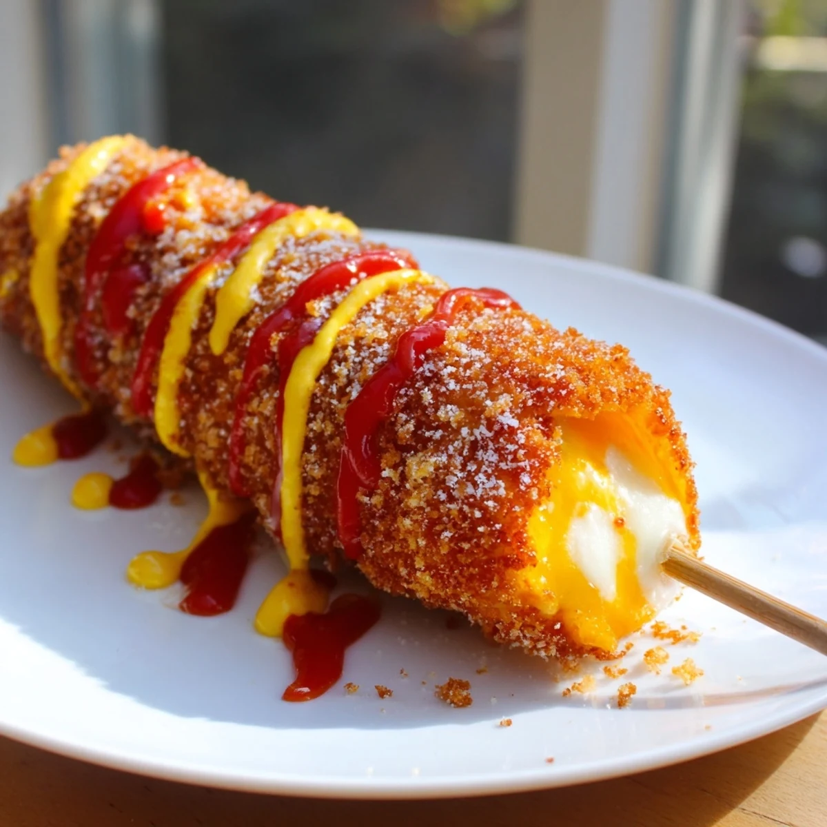 Golden-brown Cheesy Korean Corn Dogs are deep-fried, boasting a crispy crust and melty cheese pull.