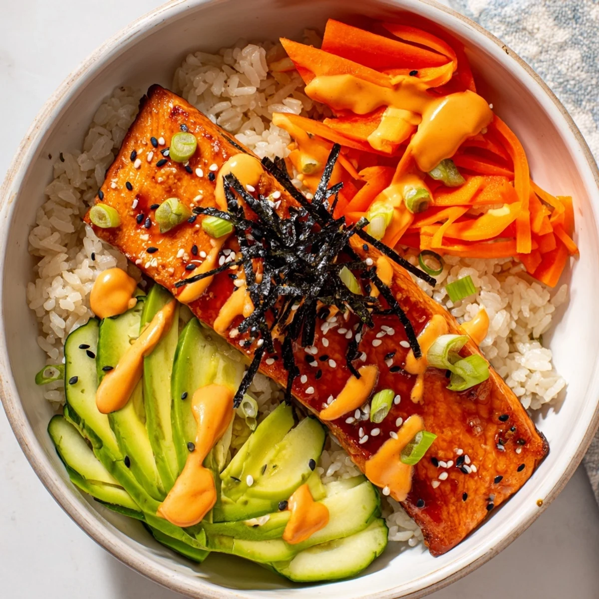 Steaming teriyaki salmon rice bowl, showcasing marinated salmon atop fluffy rice with fresh, colorful toppings.