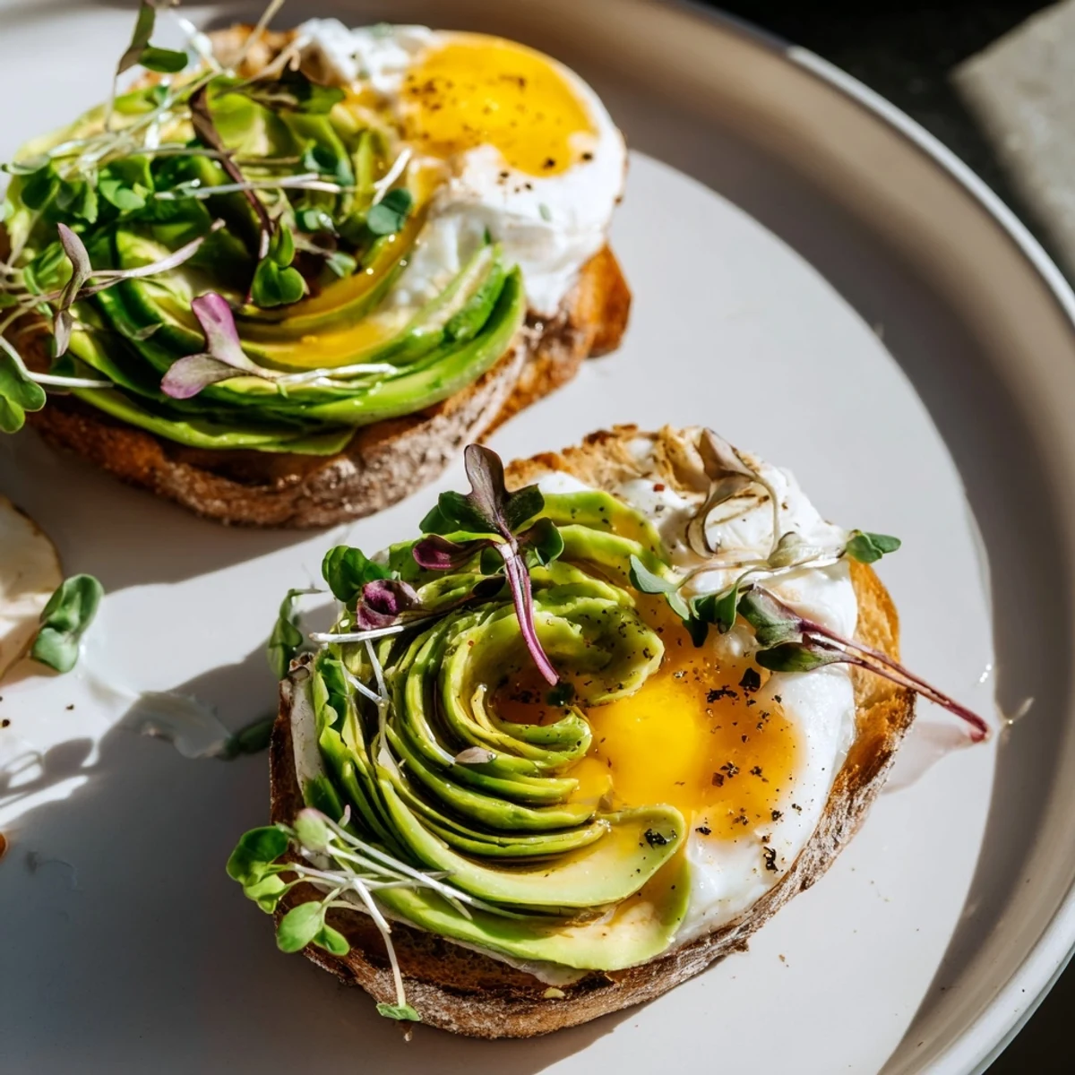 Fluffy Cloud Toast 2.0 with a golden baked egg white cloud topped with avocado and honey.